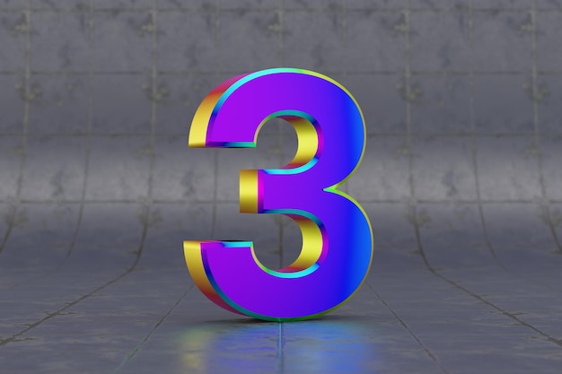 Multicolor 3d number 3. Glossy iridescent number on tile background. Metallic alphabet with studio light reflections. 3d rendered font character.