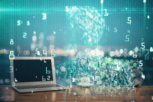 Multieksponering af computer på baggrund og tegning med teknologitema. Koncept for innovation