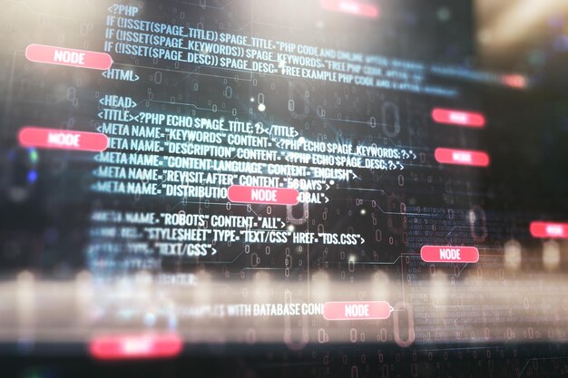 Multiexponering af abstrakt softwareudviklings hologram på moderne forretningscenter eksteriør baggrund forsknings- og analysekoncept