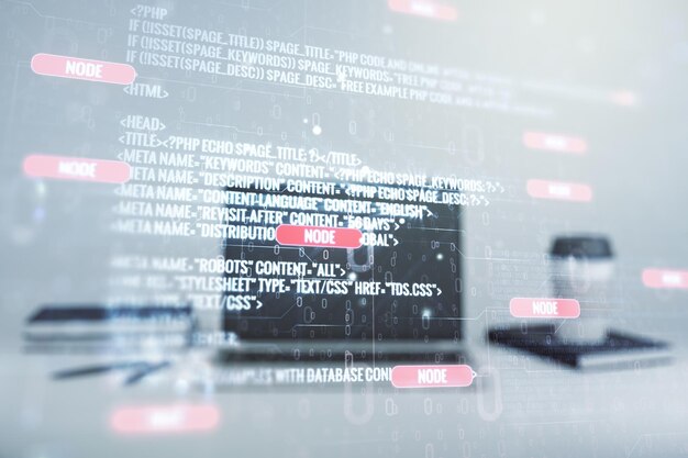 Multiexponering av abstrakt kreativ kodningsskiss på modern laptopbakgrund, artificiell intelligens och neurala nätverkskoncept