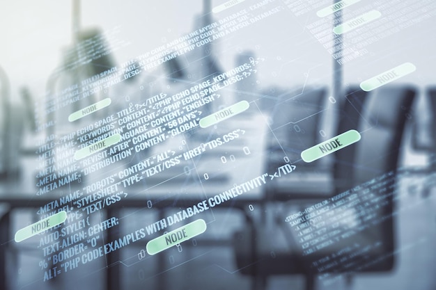 Multiexponering av abstrakt programmeringsspråk-hologram på en modern möblerad kontorsinteriörbakgrund, artificiell intelligens- och maskininlärningskoncept