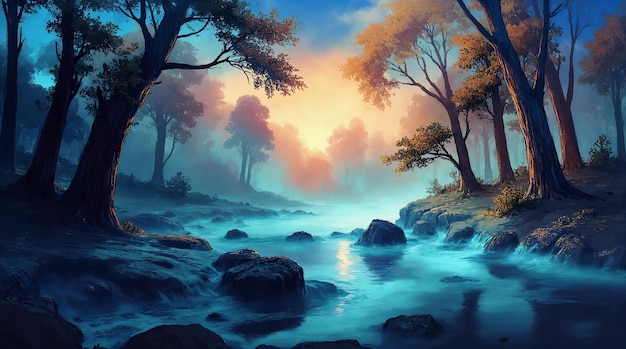 Mystical Forest River Scene