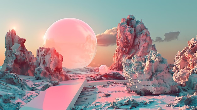 mystical landscape with floating spheres large pink translucent sphere hovers over rocky terrain while a smaller sphere sits on the ground nearby