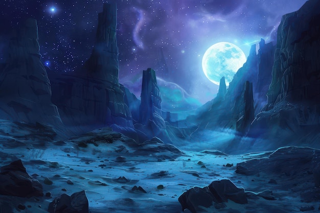 mystical moonlit desert landscape with rock formations