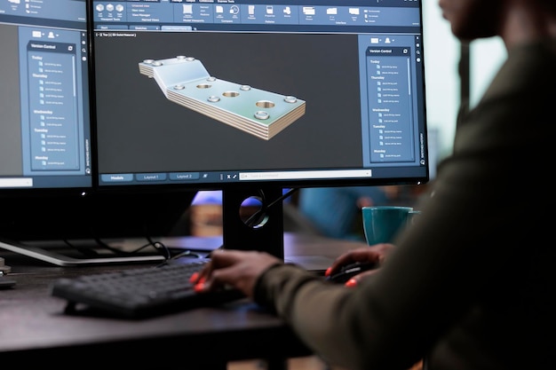 Närbild av person inom grafikindustrin med hög kompetens inom modellering som arbetar med avancerad programvaruteknik. Närbild av digital konstnär som arbetar med 3D-modell för att förbättra geometri och optimera projekt.
