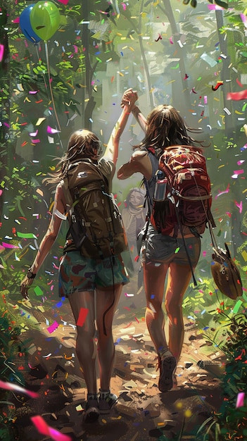 nature exploration friends hiking with backpacks