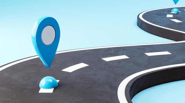 navigation concept with blue location pin on curved road 3d rendering