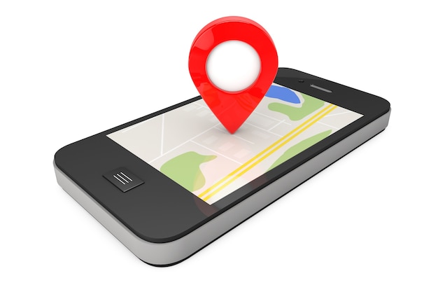 Navigering via Smartphone. Platspekare på telefon med karta på vit bakgrund. 3D-rendering