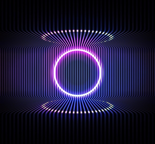 Neon color geometric circle on metal stripe pattern background Round mystical portal luminous