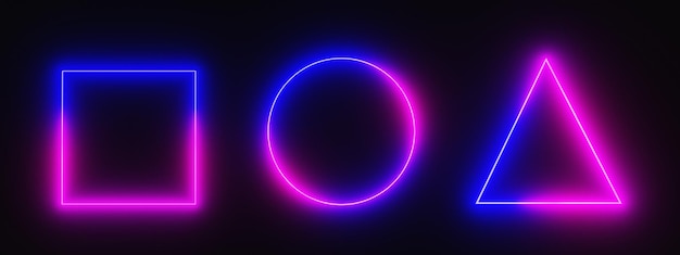 Neon frames square circle and triangle shapes 3d render icons set Electric light banners for night club or casino glowing borders with gradient colors isolated on black background 3D illustration
