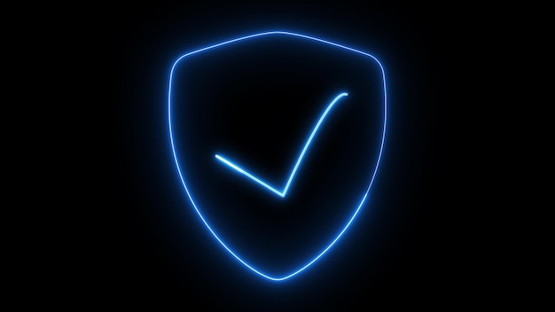 Neon glowing tick mark icon on a black background