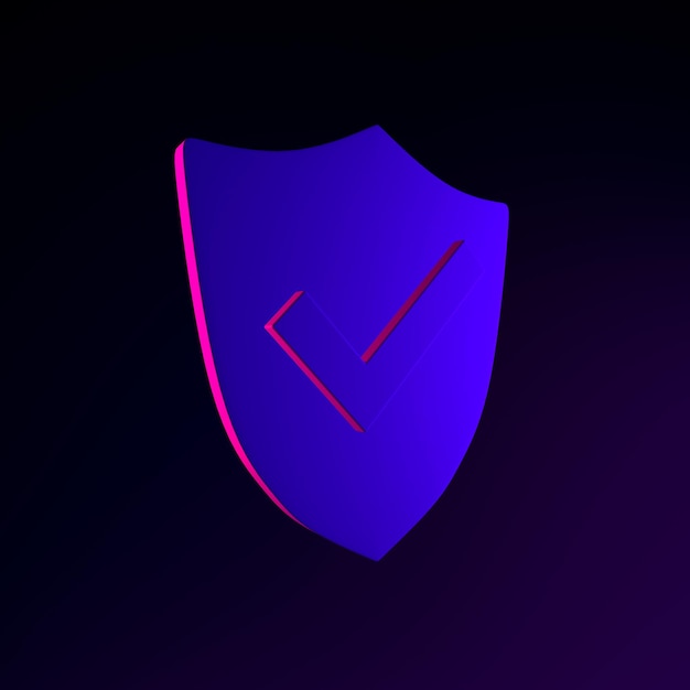Neon shield icon. 3d rendering ui ux interface element. Dark glowing symbol.