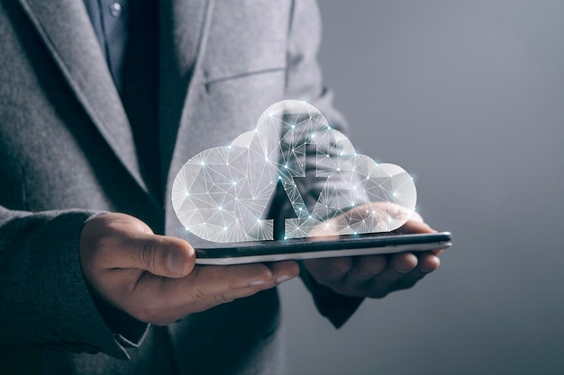 Network data cloud man holding phone