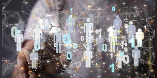 Network graphic with white icons with a persons hand touching it from the background