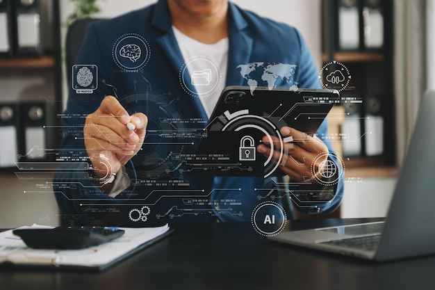 Network security business using digital tablet and computer with digital padlock for data protection internet technology networking and cyber security technology