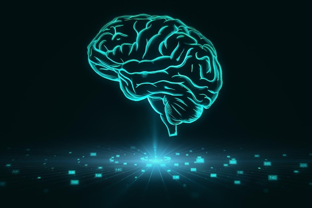 Neural network artificial intelligence and brainstorming idea concept with digital human brain with convolutions on dark background above big data visualization 3D rendering