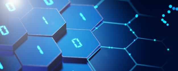 Neural network concept Abstract background Digital background Technological background Binary code on hexagons 3D rendering