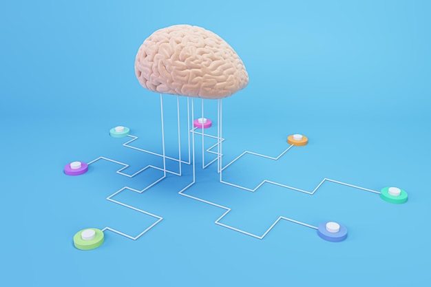 Neurological innovation development concept and science concept with human brain layout connected to sensors for computer testing on blue background 3D rendering