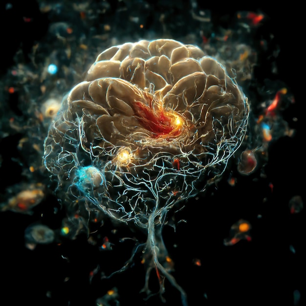 Neuron cell illustration with nervous impulses along dendrites Neural connections in outer space