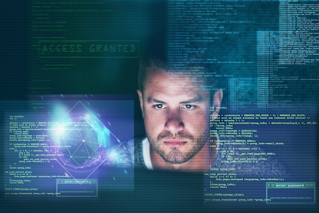 Night hologram and man with focus programmer and code with software analytics and cyber security Male person employee and hacker with concentration holographic and programming with research