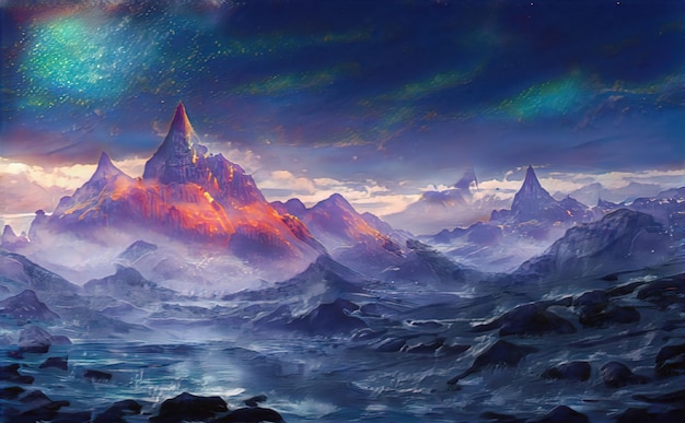 night in mountains fabulous landscape of mountain peaks moonlight illuminates the mountain slopes at night magical nature illustration