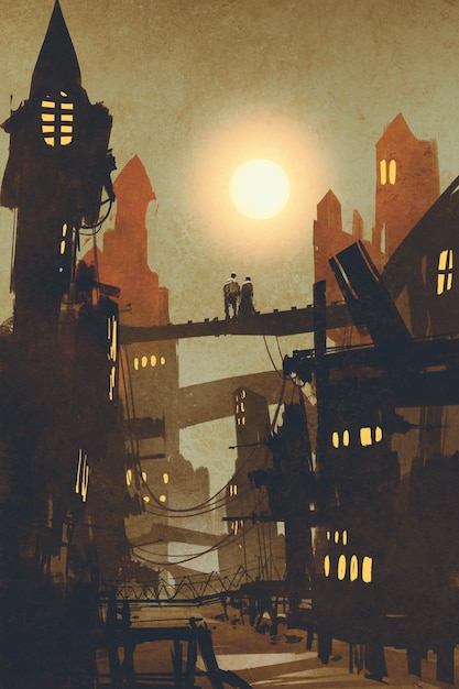 night scene of couple on bridge over city background,illustration