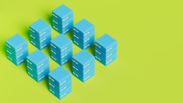 Nine database servers arranged in rows and columns in green scenario 3d rendering