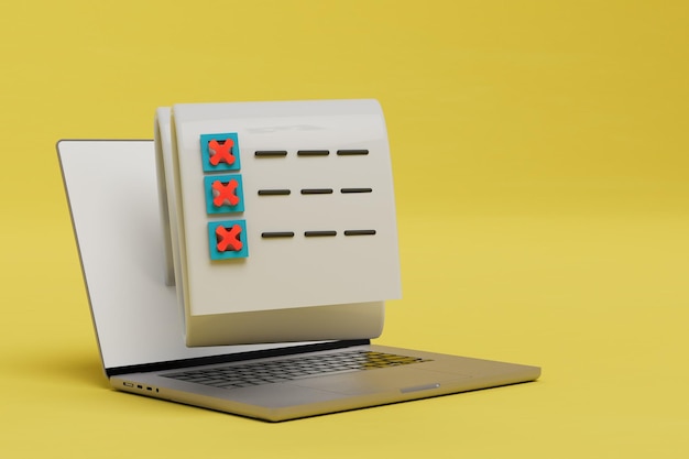 Notes in the laptop A worksheet with incomplete tasks on a laptop on a yellow background 3D render