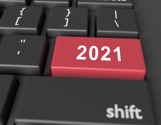 Number 2021 on a computer keyboard. New Year image on a computer key Enter