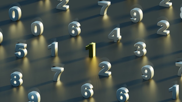 numbers zero to nine focused on yellow one dark black background wallpaper 3d render