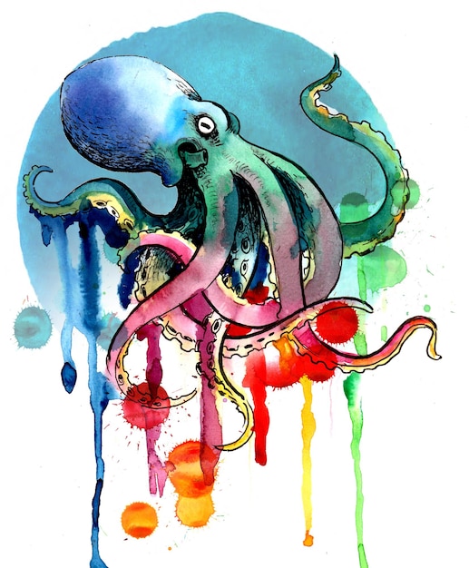 Octopus animal Handdrawn ink and watercolor sketch with splatters