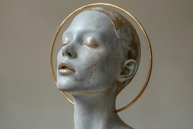 Of a minimalistic head mannequin with a golden metal halo on a beige background in the digital art