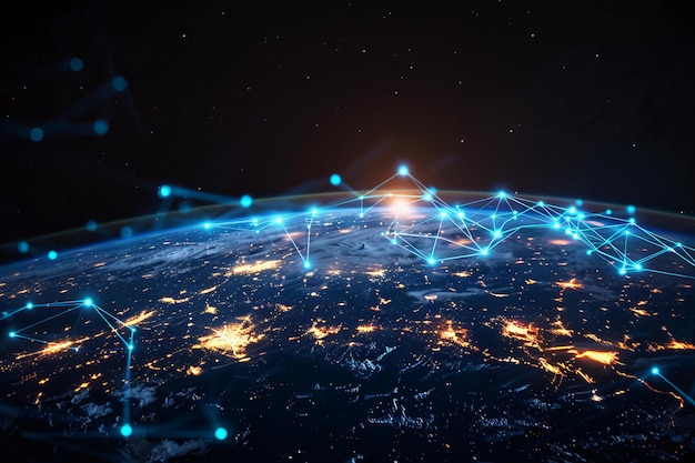 Of earth with glowing blue connections between cities on black background view from space closeup