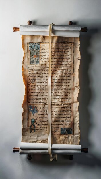 Old paper manuscript or papyrus scroll vertically oriented isolated on white background