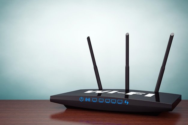 Old Style Photo. 3d Modern WiFi Router on the table