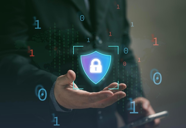 online cyber security concept businessman uses mobile phone to verify identity at virtual screen to open online security system data protection data theft protection online business