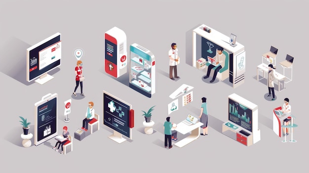 Online medicine elements set with patients getting video consultation 3d isometric isolated illustra