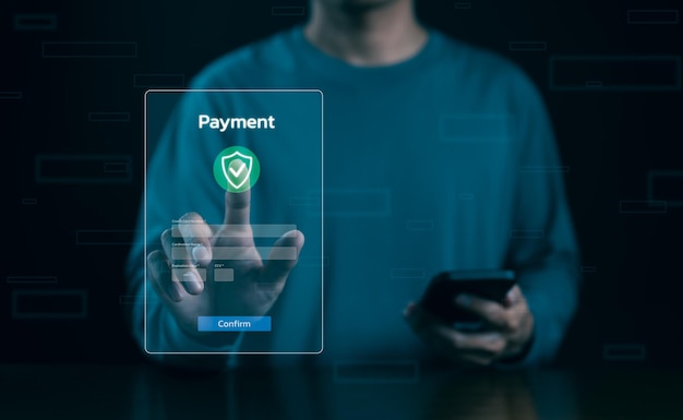 Online payment concept Man using smart phone pay via mobile banking app for online payment Digital bank Internet technology for financial transaction Online shopping Money transfer