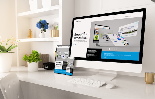 Online shop website on home office setup 3d rendering