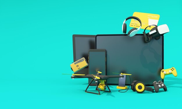 online shopping concept about electronics and gadgets in modern promotion period of new models consist of phone vr headphone with drone and credit card on green background realistic 3d rendering