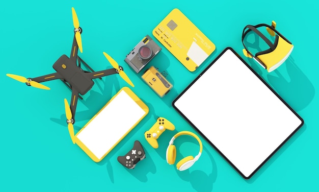 online shopping concept about electronics and gadgets in modern promotion period of new models consist of phone vr headphone with drone and credit card on green background realistic 3d rendering