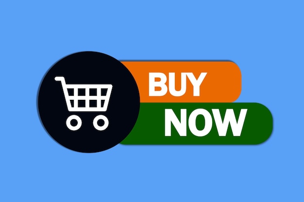 Online shopping-koncept med knappen Køb nu og ikon for indkøbskurv på en blå baggrund