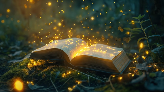 Open book with glowing pages surrounded by magical fireflies in a dark enchanting forest setting