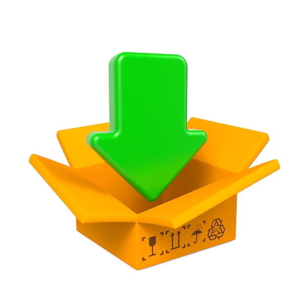 Open Color Cardboard Box with Green Arrow.