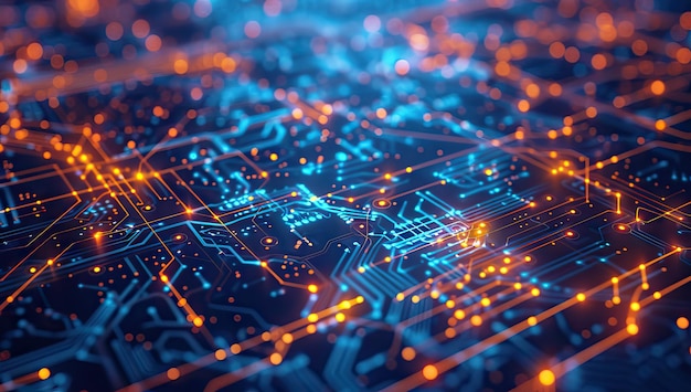 Orange and blue technology background circuit board and code 3d Illustration Orange blue technology background AI generated illustration