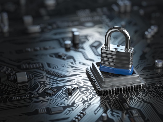 padlock on cpu computer circuit board lock over the motherboard network security concept