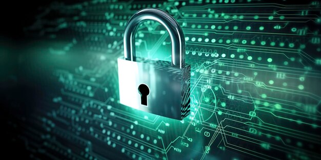 Padlock over graphics representing internet cyber security and data theft Generative AI