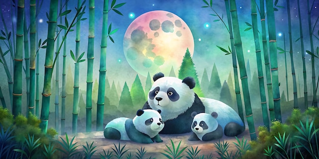 Panda Family Lounging in Bamboo Forest as Wallpaper or Poster Design