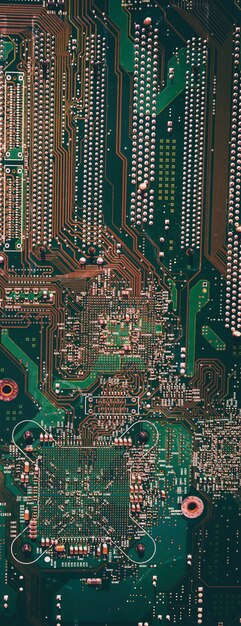 Panoramical bitcoin on the background of a computer chip falls