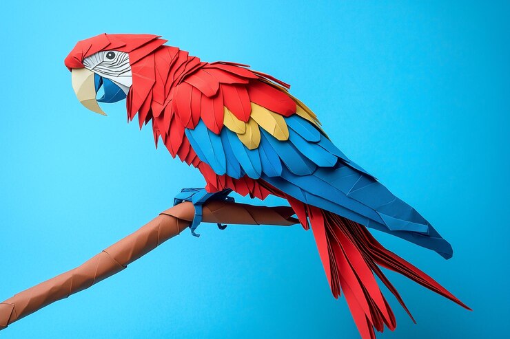 Foto paper origami macaw parrot perched on tree branch